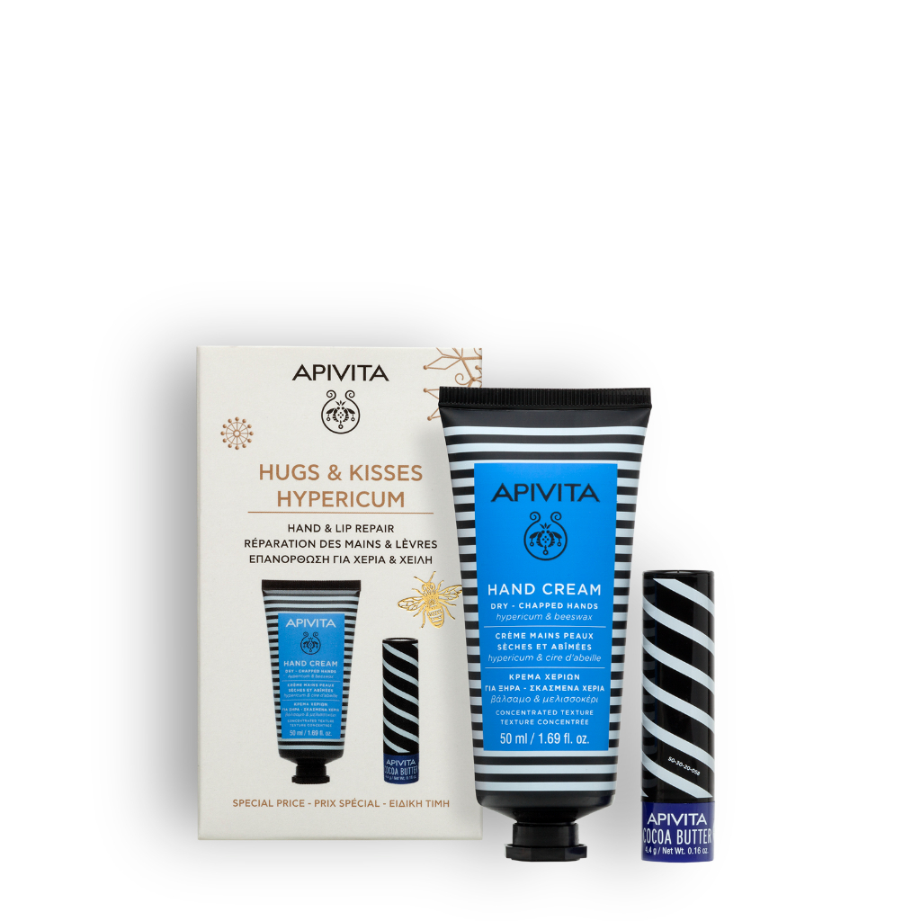 Apivita Hugs and Kisses Creme Mãos Hipericum 50ml + Stick Labial Cacau 4,4g