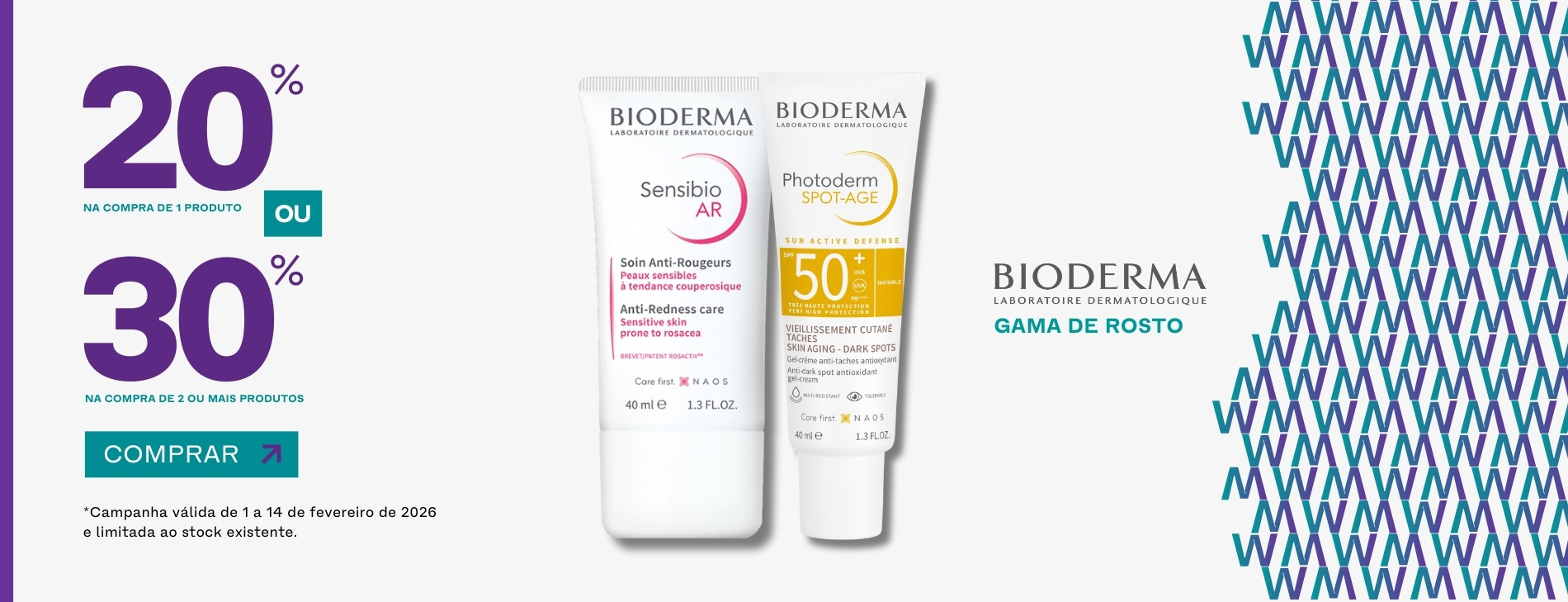 BIODERMA ROSTO 1PRODUTO=20% DESCONTO 2 OU MAIS PRODUTOS=30%